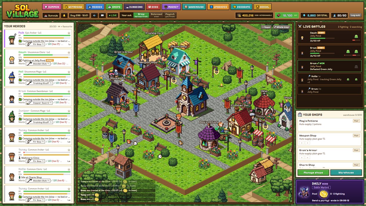 Your town, live: heroes walk, shop, fight and rest on their own.